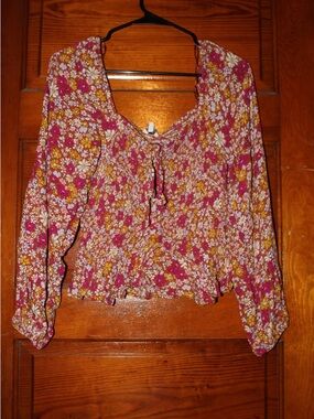 Patrons of Peace Fuchsia and Yellow Floral Tie-Front Long Sleeve Crop Top